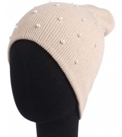 Skullies & Beanies Womens Hat Winter- Faux Pearls Warm Chunky Beanie Hats Cap - Beige - CX188RH6MRG