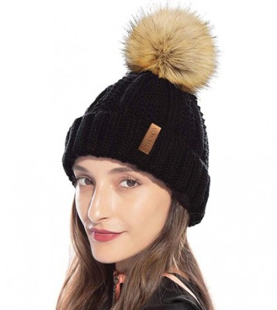 Skullies & Beanies Womens Winter Knit Beanie Hat with Faux Fur Pom Pom Warm Skull Ski Cap Hats for Women - 17-black/Mixed Gre...