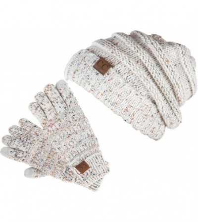 Skullies & Beanies Exclusives Oversized Slouchy Beanie Bundled with Matching Lined Touchscreen Glove - Confetti Ivory - CU193...