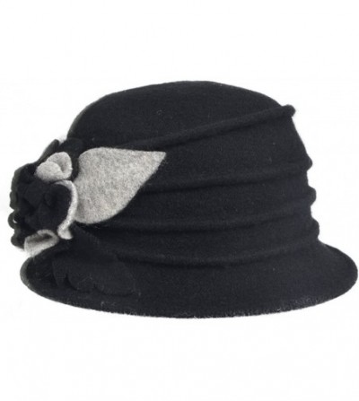 Bucket Hats Women's Wool Dress Church Cloche Hat Bucket Winter Floral Hat - Black - C112LZUGGFN