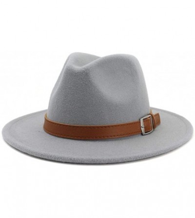 Fedoras Classic Men & Women Wide Brim Fedora Panama Hat with Belt Buckle - Grey - CQ18S25K9AZ