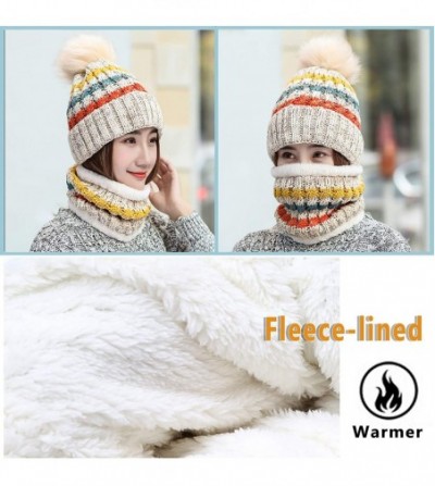 Skullies & Beanies 2 Pcs Knitted Hat Scarf Set for Women Winter Warm Fleece Lined Beanie Hat Ski Hat with Pompom - Black - CR...