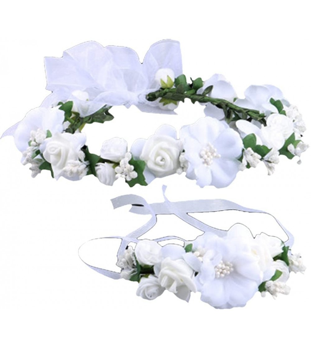 Headbands Rose Flower Crown Wreath Wedding Headband Wrist Band Set - White - CA12NTOE9MG