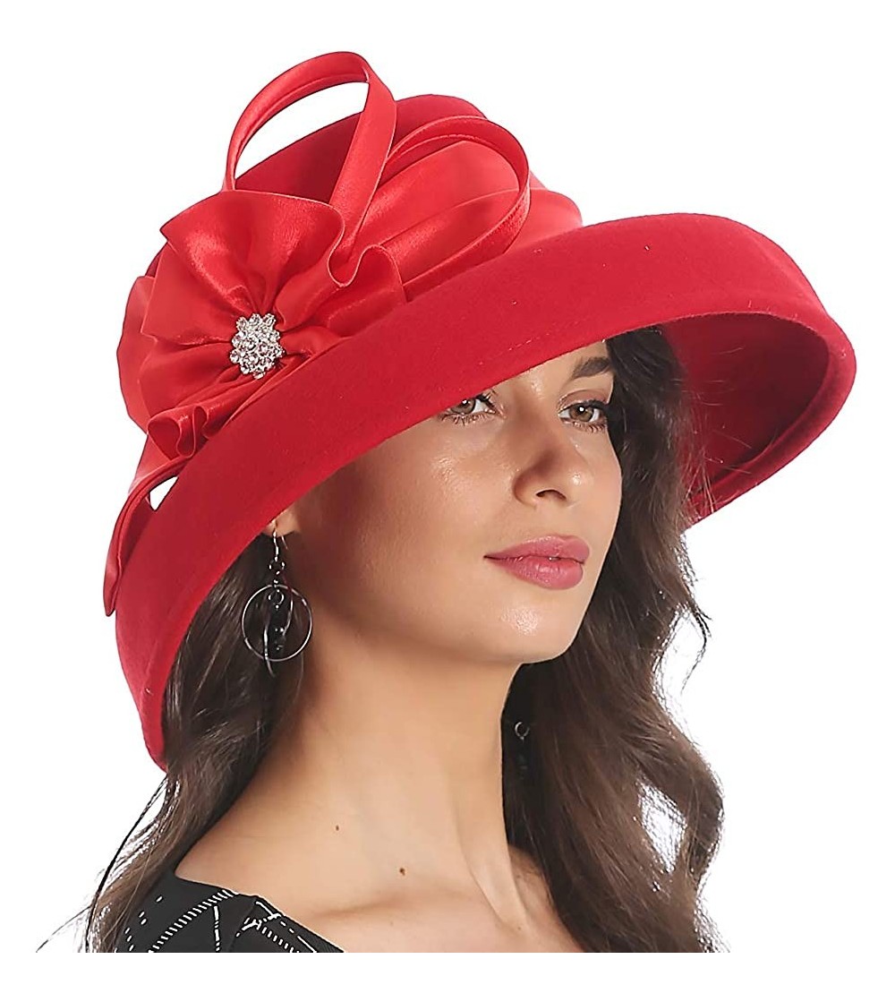 Bucket Hats Women Wool Felt Plume Church Dress Winter Hat - Drown Brim-red - CN18L5G6X87