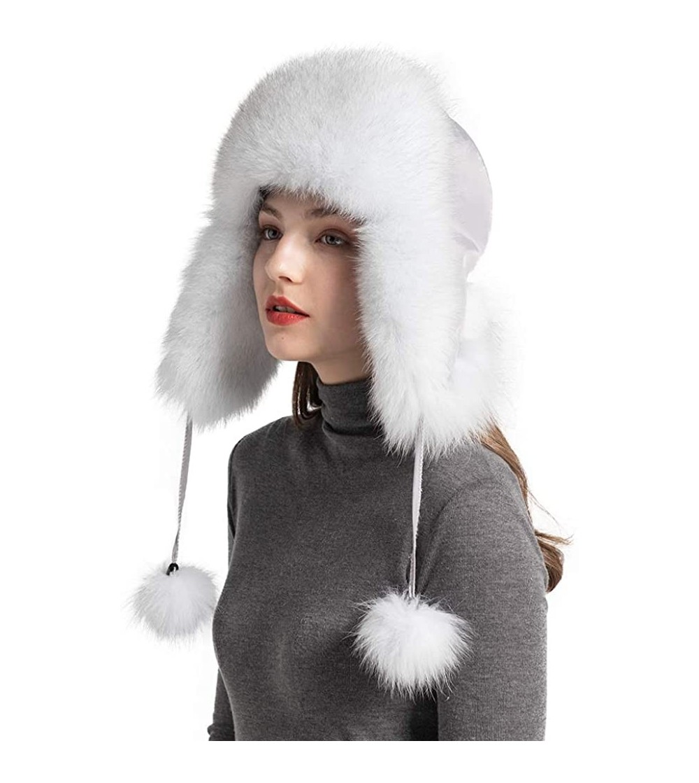 Skullies & Beanies Winter Real Fur Bomber Hat - Women's Snow Skiing Caps Ushanka Trapper Beanie Earflap Russian - Natural Whi...