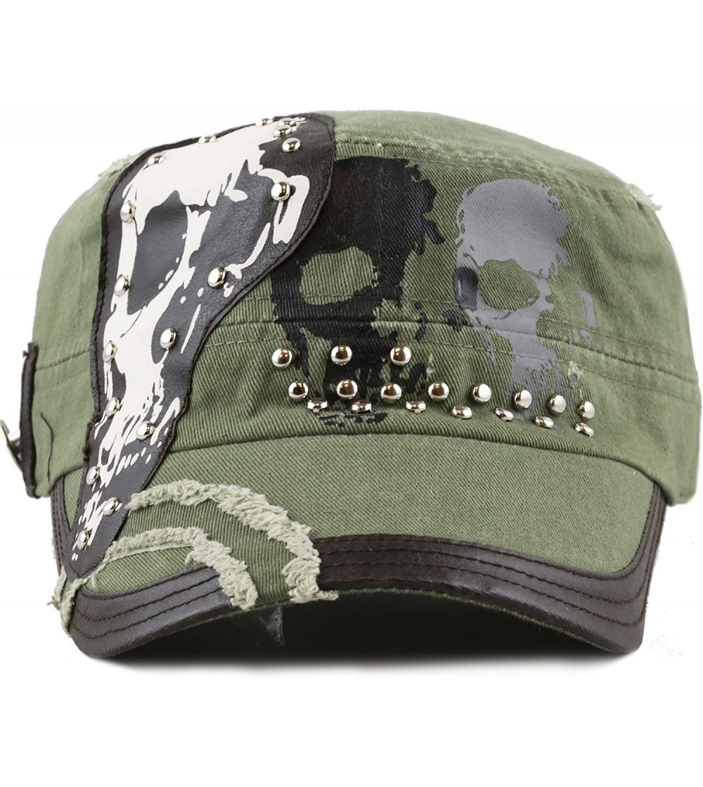 Baseball Caps Skull Patch Accent Cotton Cadet Hat with Metal Studs - Olive - C617Z48H8SD