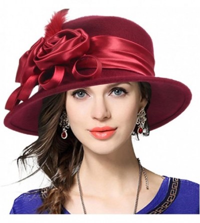 Bucket Hats Women's Wool Church Dress Cloche Hat Plumy Felt Bucket Winter Hat - Floral-claret - CH186025NML