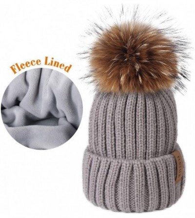 Skullies & Beanies Knit Beanie Hats for Women Double Layer Fleece Lined with Real Fur Pom Pom Winter Hat - CV18UUCDS96