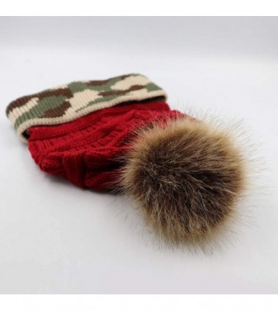 Skullies & Beanies Winter Women Faux Fur Pompom Cuff Beanies Hats Knit Slouchy Ski Skull Camo Baggy Caps Girls Warm Hat - 04-...