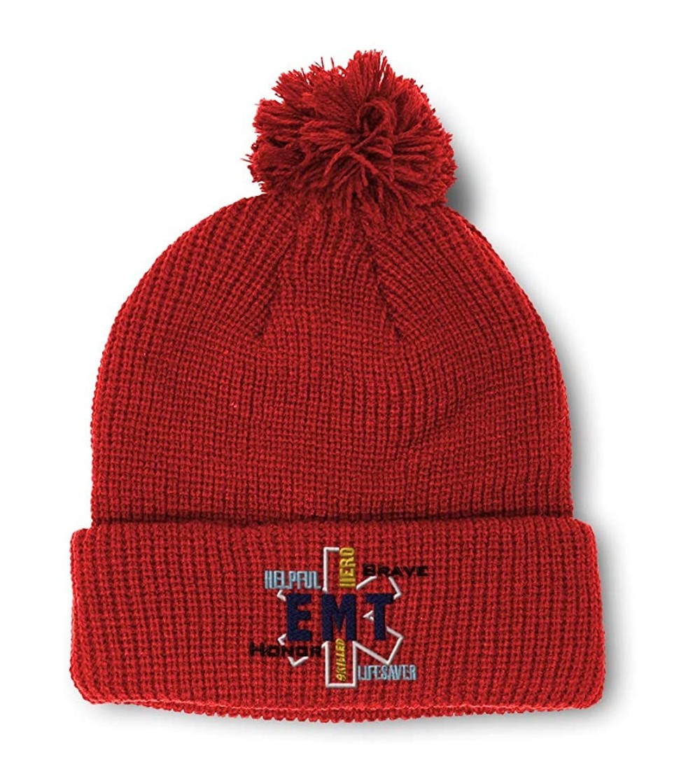 Skullies & Beanies Winter Pom Pom Beanie for Men & Women EMT Paramedic First Response Embroidery - Red - CI18ZH7SWWC