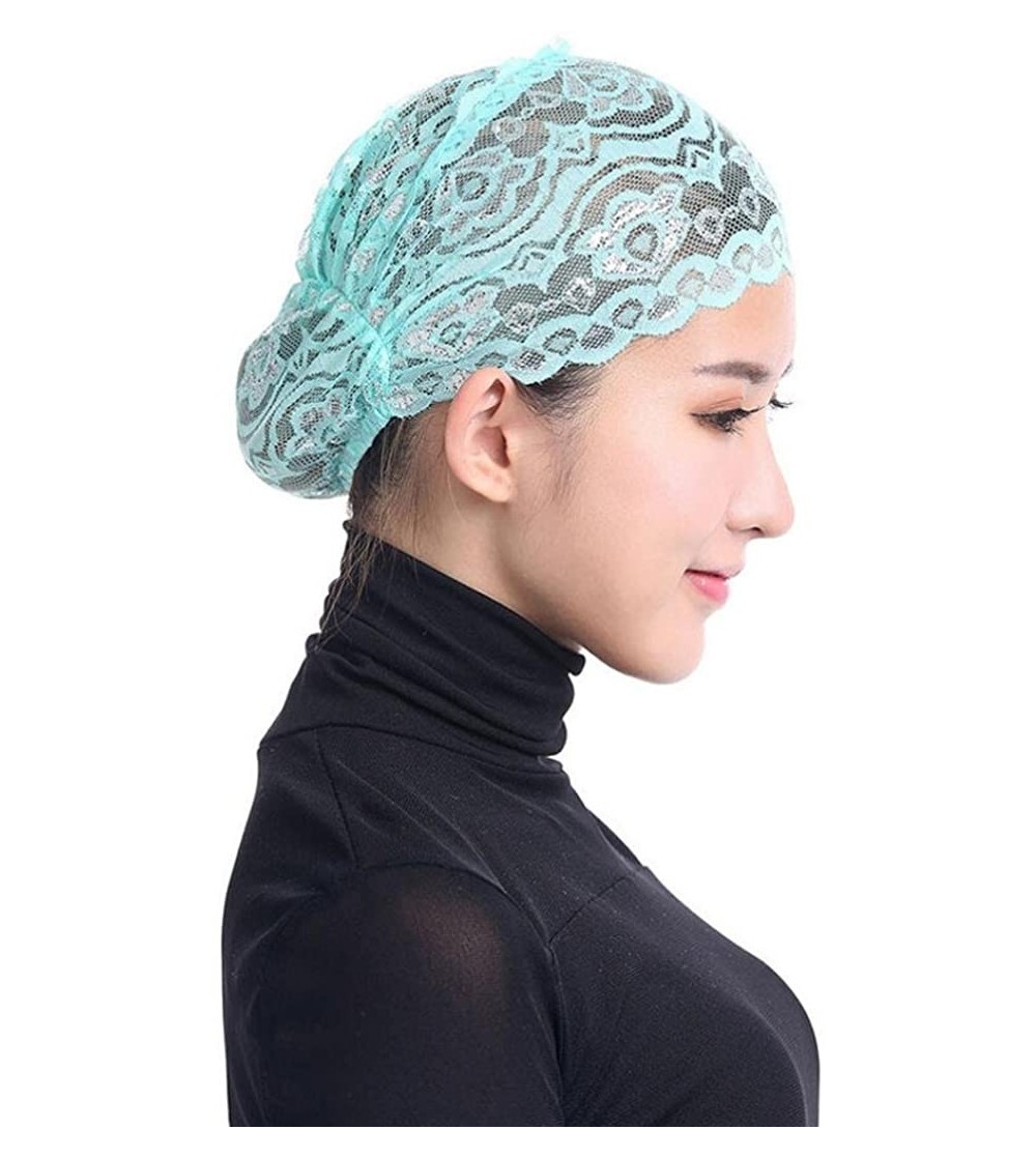 Skullies & Beanies Women Muslim Hijab Ruffle Cancer Chemo Elegant Lace Hat Beanie Scarf Turban Head Wrap Cap - Green - CZ186O...