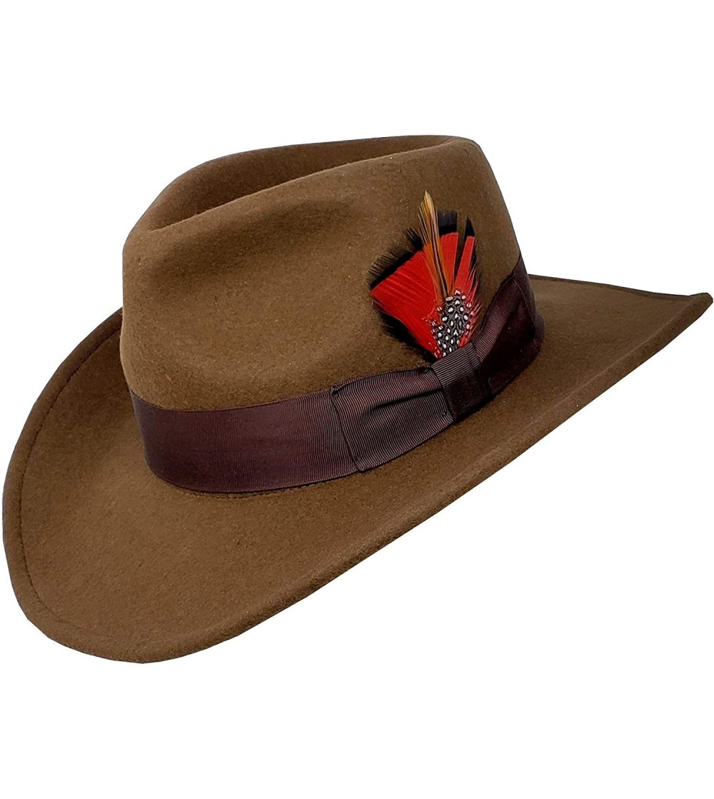 Fedoras Indiana Jones Outback Cowboy Crushable Wool Fedora Hats with Removable Feather - Brown - CO18XKQ7767