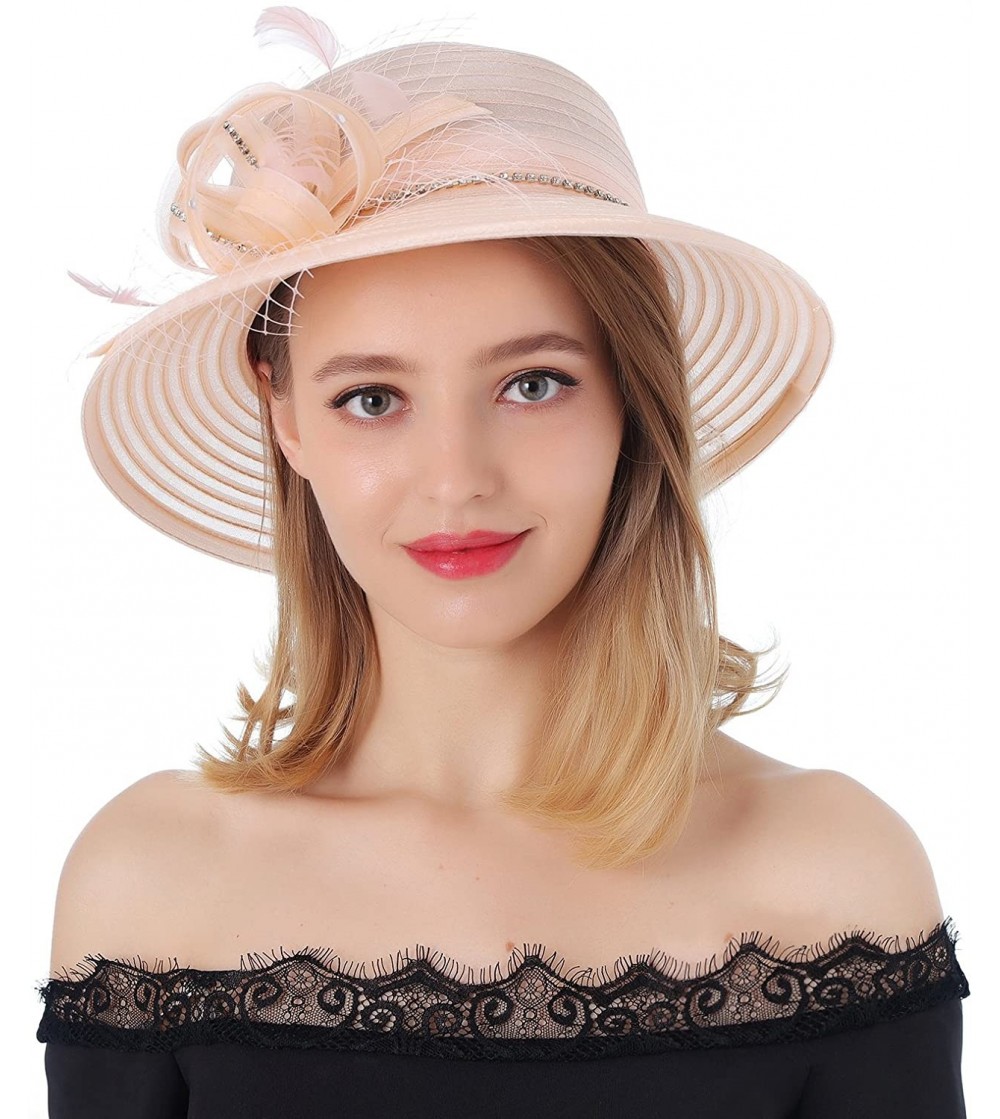 Sun Hats Women's Kentucky Derby Bowler Church Cloche Hat Organza Bridal Dress Cap - Pink - CY18900AXCS