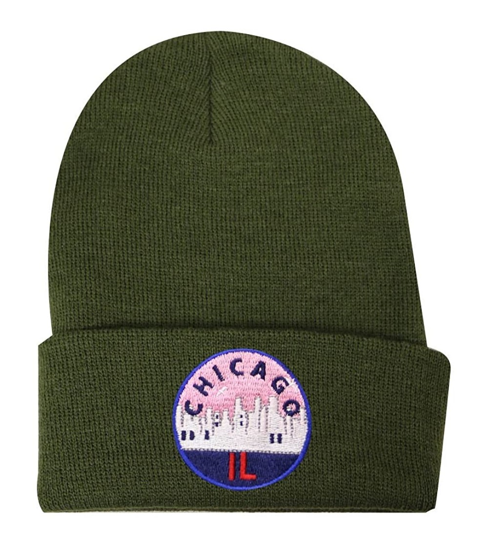 Skullies & Beanies Sk901 Chicago Patch Basic Winter Beanie Hats - Olive - CH1864KSIWN