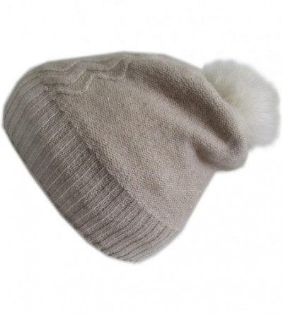 Skullies & Beanies Cashmere Fleece Lined Hat with Rabbit Fur Pom CSH1033R - Beige - CI18KEUWSSZ