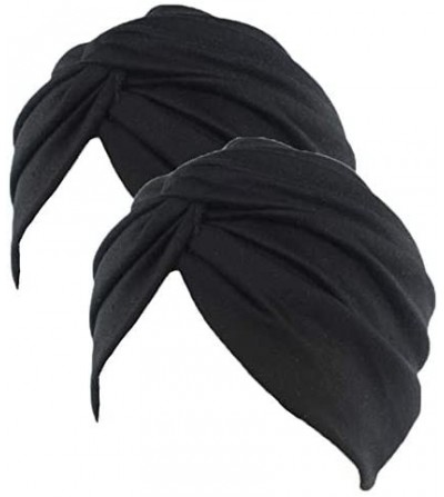 Skullies & Beanies Women's Sleep Soft Turban Pre Tied Cotton India Chemo Cap Beanie Turban Headwear - 2pcs Black - CX18DZW5359