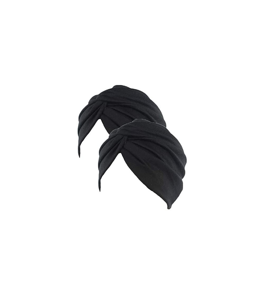 Skullies & Beanies Women's Sleep Soft Turban Pre Tied Cotton India Chemo Cap Beanie Turban Headwear - 2pcs Black - CX18DZW5359