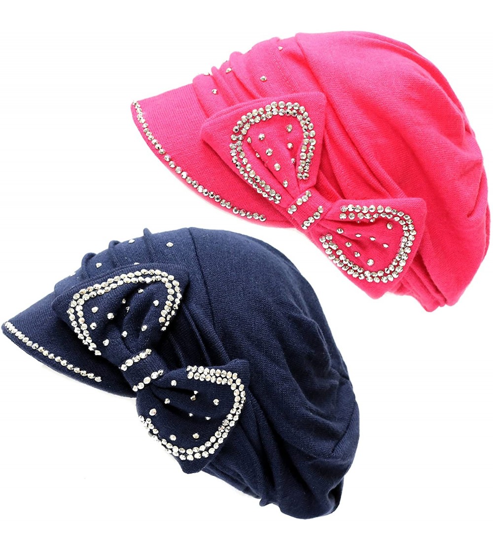 Skullies & Beanies Womens Knit Visor Beanie Cap with Ribbon and Rhinestone Hat - Navy/Fuchsia - CC12K7HNENR
