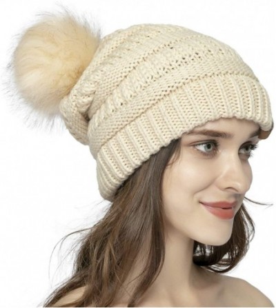 Skullies & Beanies Women Knit Beanie hat with Faux Fur Pom Pom Hats Thick Soft Warm Slouchy Chunky Baggy Ski Cap for Lady - A...