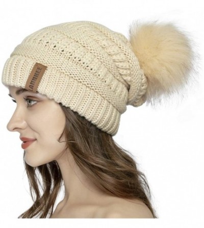 Skullies & Beanies Women Knit Beanie hat with Faux Fur Pom Pom Hats Thick Soft Warm Slouchy Chunky Baggy Ski Cap for Lady - A...