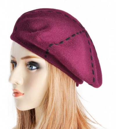 Berets Womens French Beret Hat Reversible Knitted Thickened Warm Cap for Ladies Girls - Wine - CB18I6LDTH6