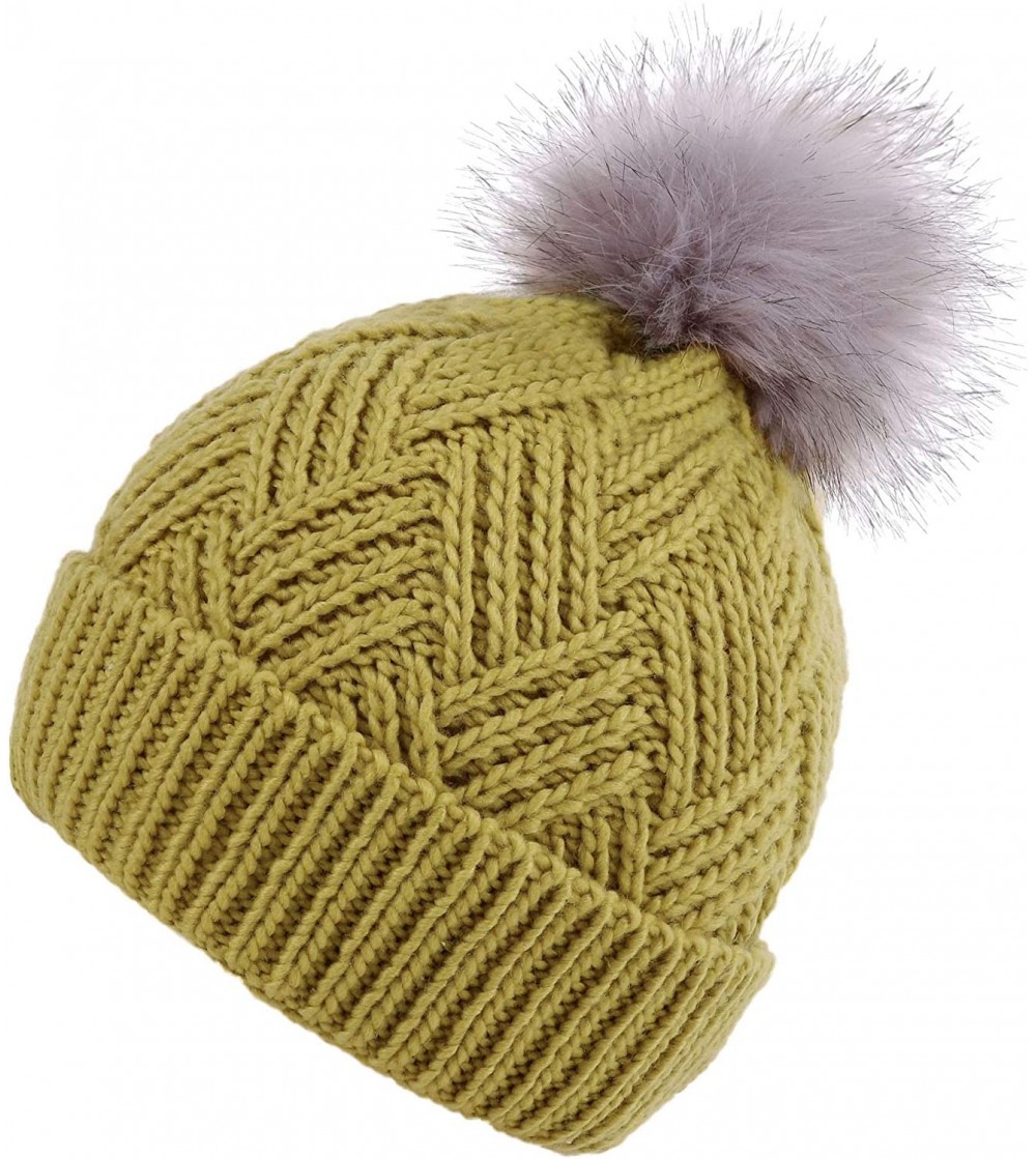 Skullies & Beanies Womens Super Soft Warm Chunky Cable Faux Fur Pompom Knit Beanie Hat - Star Fruit - CM1935NUQOY