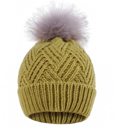 Skullies & Beanies Womens Super Soft Warm Chunky Cable Faux Fur Pompom Knit Beanie Hat - Star Fruit - CM1935NUQOY