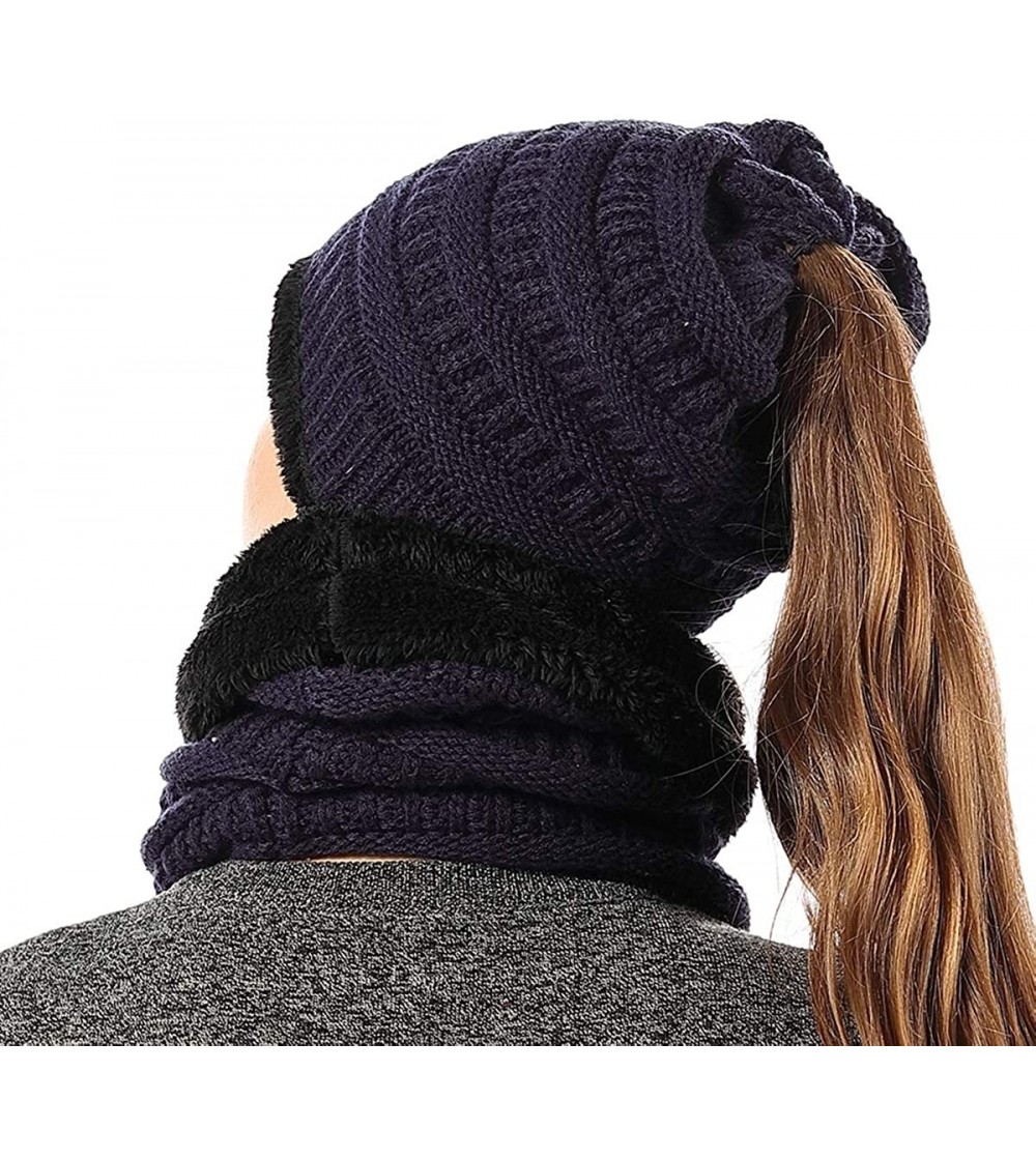 Skullies & Beanies Ponytail Beanie Knit Infinity Scarf Set Womens/Girls Fuzzy Lined Messy High Bun Cap Circle Scarves - Navy ...