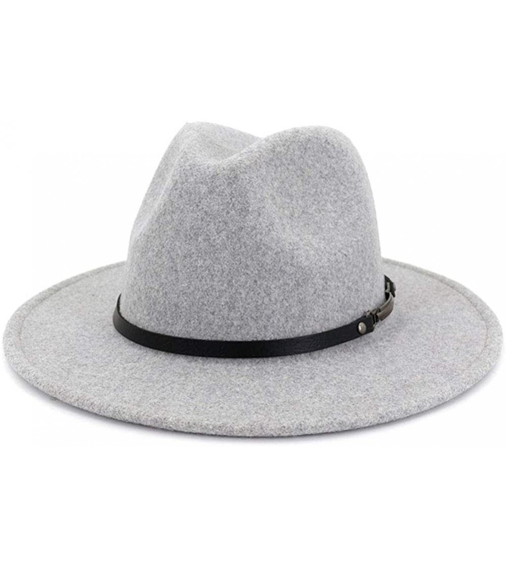 Fedoras Womens Classic Wool Fedora with Belt Buckle Wide Brim Panama Hat - Sheet Belt-light Grey - CJ18Z3Z9U25