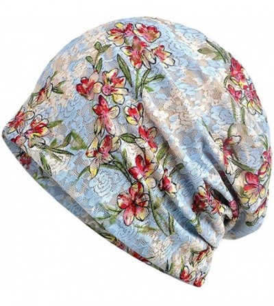 Skullies & Beanies Womens Cotton Beanie Lace Turban Soft Sleep Cap Chemo Hats Fashion Slouchy Hat - Sky Blue Tree Flower - CG...