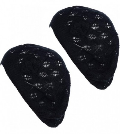 Berets Open Weave Womens Crochet Mesh Beanie Hat Flower Fashion Soft Knit Beret Cap - 2680bkblk - C4194X8UL50