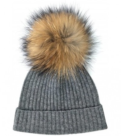 Skullies & Beanies Womens Knitted 100% Cashmere Beanie Hat with Detachable Fur Pom Pom - Grey - CH187WHLDUN
