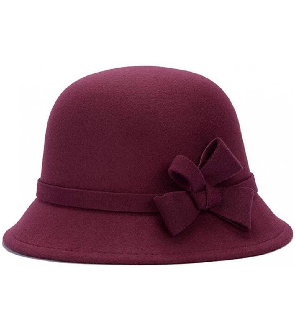 Bucket Hats Women Bowler Hat Vintage Winter Wool Warm Bucket Hat 1920 Cloche Hat - Wine Red - CZ18KORUN37