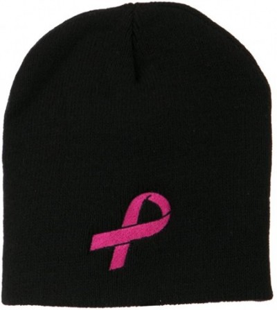 Skullies & Beanies Pink Ribbon Breast Cancer Embroidered Short Beanie - Black - C511M6L1XSB