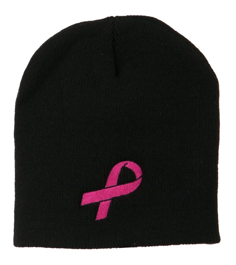 Skullies & Beanies Pink Ribbon Breast Cancer Embroidered Short Beanie - Black - C511M6L1XSB