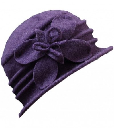 Fedoras Women 100% Wool Solid Color Round Top Cloche Beret Cap Flower Fedora Hat - 2 Purple - C3186WZ6X47