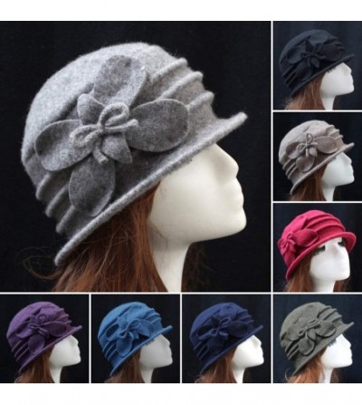 Fedoras Women 100% Wool Solid Color Round Top Cloche Beret Cap Flower Fedora Hat - 2 Purple - C3186WZ6X47