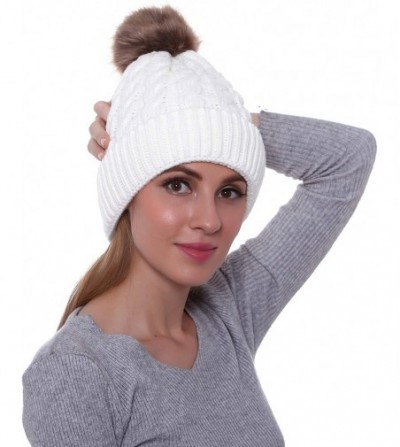 Skullies & Beanies Women's Winter Ribbed Knit Faux Fur Pompoms Chunky Lined Beanie Hats - White - CF186QOC6NA