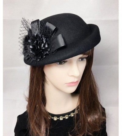 Berets Womens 100% Wool Veil Flower Pillbox Hat Winter Hat Crimping Beanie Hat - Black - CK1877632EL