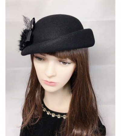 Berets Womens 100% Wool Veil Flower Pillbox Hat Winter Hat Crimping Beanie Hat - Black - CK1877632EL