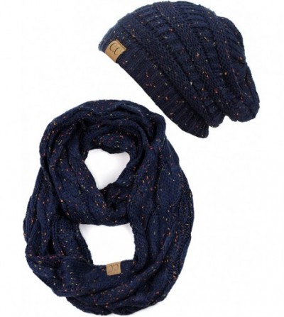 Skullies & Beanies Soft Stretch Colorful Confetti Cable Knit Beanie and Infinity Loop Scarf Set - Navy - CG18KIU2C65