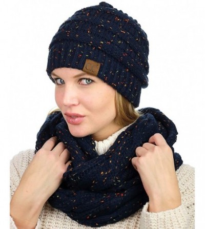 Skullies & Beanies Soft Stretch Colorful Confetti Cable Knit Beanie and Infinity Loop Scarf Set - Navy - CG18KIU2C65