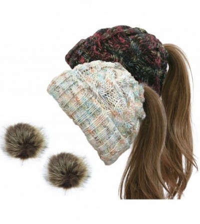 Skullies & Beanies 2 Pack Ponytail Hat Women Beanie Winter Knit Soft Hat Warm Stretch Cable Knit Hat Cap - CH18AU529ZT