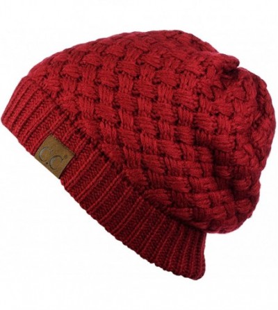 Skullies & Beanies Basketweave Knit Warm Inner Lined Soft Stretch Skully Beanie Hat - Burgundy - CP186YN9YKK