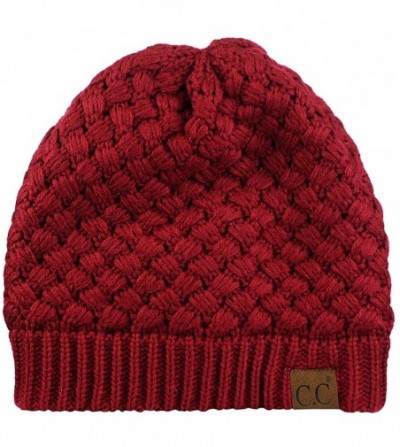 Skullies & Beanies Basketweave Knit Warm Inner Lined Soft Stretch Skully Beanie Hat - Burgundy - CP186YN9YKK
