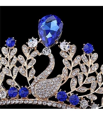 Headbands Blue Crystal Tiara Gold Crown Swan Teardrop Leaf Style Wedding Party Rhinestone Headband - CZ189W8GT8Z