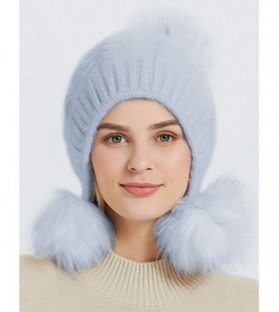 Skullies & Beanies Womens Winter Knit Slouchy Beanie Hat Faux Fur Pom Pom Warm Knitted Skull Cap - Grey - C118X8QKN74
