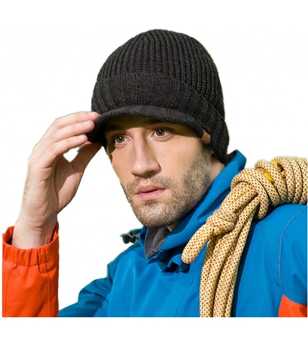 Skullies & Beanies Men's Outdoor Newsboy Hat Winter Warm Thick Knit Beanie Cap with Visor - Dark Gray - CN126Z654E1