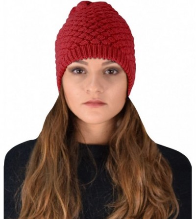 Skullies & Beanies Thick Crochet Knit Quilted Double Layer Beanie Slouchy Hat - Red - CG12N307076