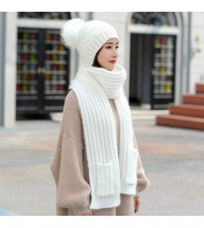 Skullies & Beanies Knitted Hat Scarf Set Fashion Winter Warm Knitted Hat with Attached Scarf for Womens Girls - White - CG18Y...